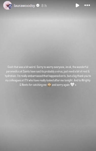 Laura Woods provides positive health update and thanks 'wonderful' paramedics after worrying collapse during England coverage